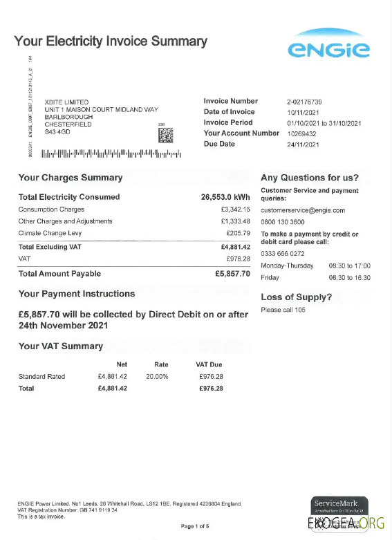 UNITED KINGDOM ENGIE utility bill Word and PDF template